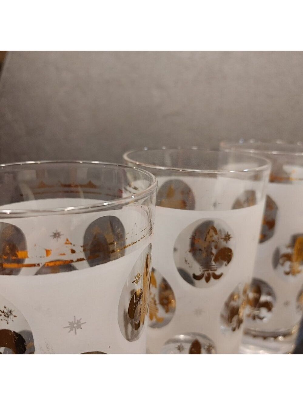 Libbey Highball Glasses Frosted Fleur de Lis Gold Rim 1950s Set of 6 - Picture 5 of 10
